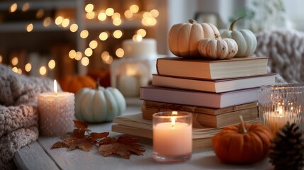 Cozy autumn setup with books, candles, and decorative pumpkins on a rustic table