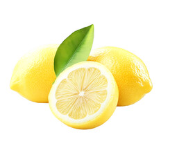 Three vibrant lemons showcase a halved piece with leaf on transparent background
