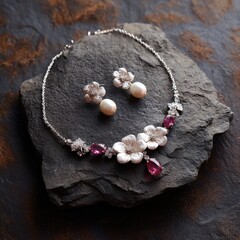 Delicate, floral necklace and earrings with pearls and rubies set on dark stone