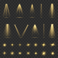 A set of radiant light beams shines brightly against a dark background, creating a striking contrast. Dust and glitter add texture and depth to the effect. Vector