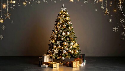 Christmas tree with gifts in a dark room