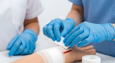 Medical professionals carefully cleaning and dressing a wound on a patient's arm with sterile supplies.