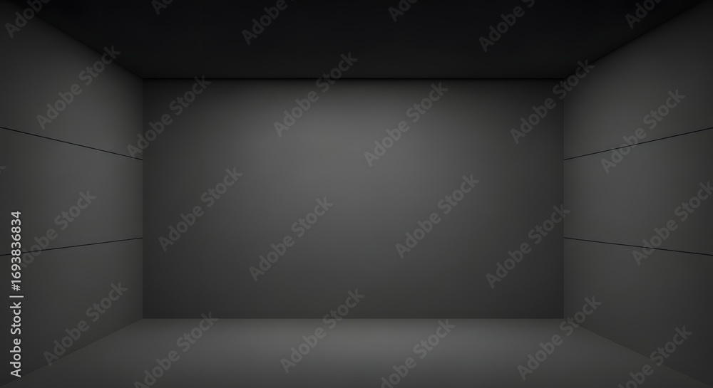 Poster a dark, empty room with a subtle light source on the ceiling, creating a minimalist and atmospheric 