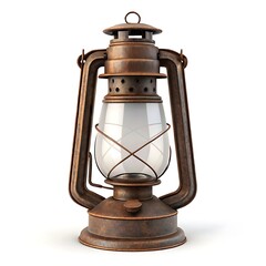 A vintage brown metal lantern with a glass globe sitting on a white surface in a studio setting