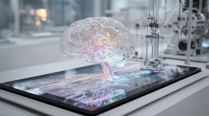 Transparent brain hologram with technology in modern laboratory setting