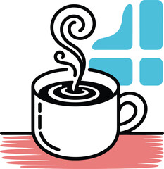 Steaming cup of coffee on a pink surface against a blue window frame background