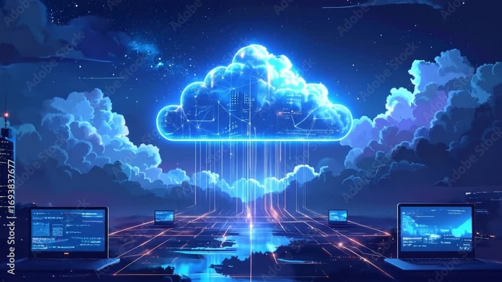 Poster futuristic cloud computing ecosystem: digital connectivity and data transfer.