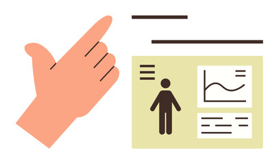 Hand pointing at a data display with graphs, user icon, and text elements. Ideal for technology, user interface, analytics, data visualization, decision-making, human interaction innovation