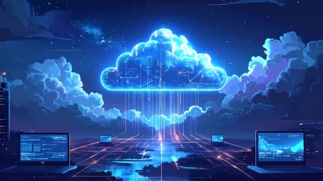 Futuristic Cloud Computing Ecosystem: Digital Connectivity and Data Transfer.