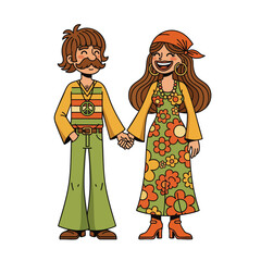 Obraz premium A cheerful cartoon hippie couple from the 1960s or 1970s holding hands in retro fashion with bell bottoms and a floral dress.