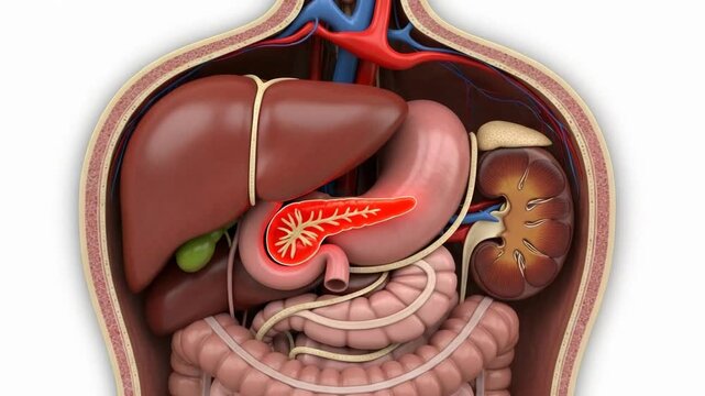 Human pancreas anatomy animation showing internal structure and location within the body for medical and educational purposes