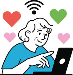 Happy senior woman connecting online, receiving love and support via laptop computer