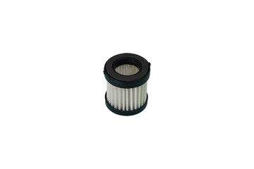 Small cylindrical pleated paper air filter with black ends. Replacement part for vacuums, purifiers, or engines, isolated on a white background.
