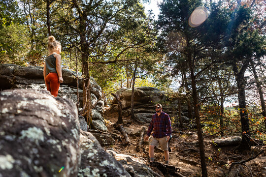 Family hiking at Illinois Garden of the Gods during fall