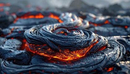 Realistic close view pahoehoe ropy lava texture charcoal sheen soft zone for copy wallpaper background representing volcanic surface suitable for geology design