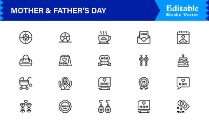 Mother And Father’s Day Line Icon Set – Modern Minimal Family Symbols, Parent Appreciation Line Icon Collection