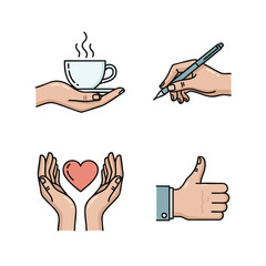 A colorful set of four line art illustrations depicting hand gestures for coffee writing love and approval.