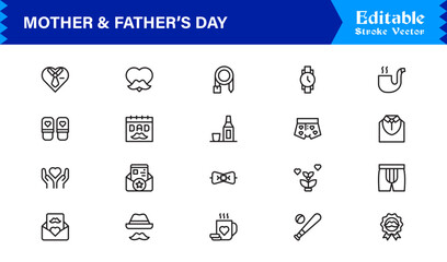 Mother And Father’s Day Line Icon Set – Modern Minimal Family Symbols, Parent Appreciation Line Icon Collection