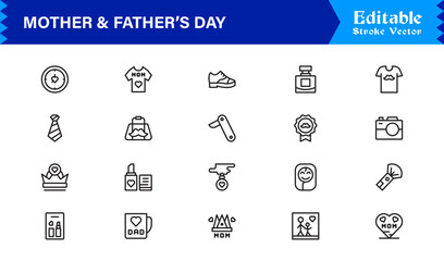 Mother And Father’s Day Line Icon Set – Modern Minimal Family Symbols, Parent Appreciation Line Icon Collection