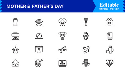 Mother And Father’s Day Line Icon Set – Modern Minimal Family Symbols, Parent Appreciation Line Icon Collection