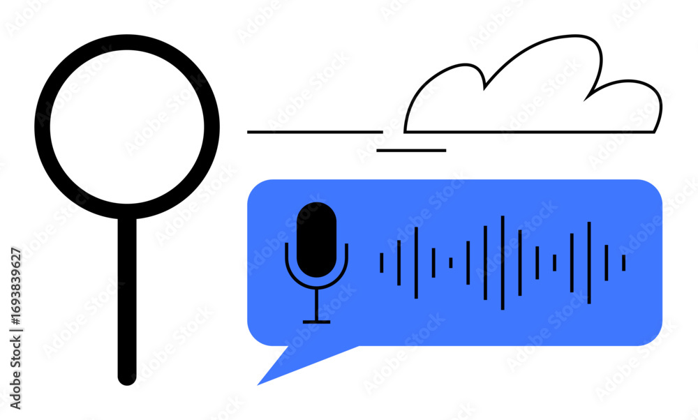 Aufkleber magnifying glass beside speech bubble with microphone icon and sound waves under a cloud. ideal for 