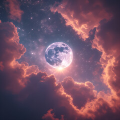 Obraz premium Full moon in clouds, close up view of moon,moon full covered with red and white clouds ,big moon in clouds 