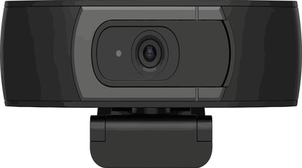 Modern black webcam with privacy shutter for video conferencing and online streaming, isolated on a white background