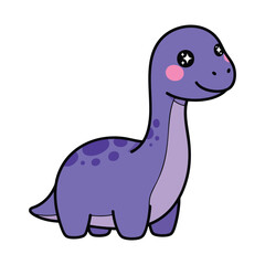 A cute purple cartoon Brontosaurus dinosaur with sparkly eyes pink cheeks and a happy smile.