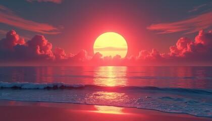 Vibrant red sunset illuminates sea horizon with large sun setting over calm waters. Clouds glow with warm light, reflecting beautifully on ocean surface. Gentle waves lap sandy shore, creating