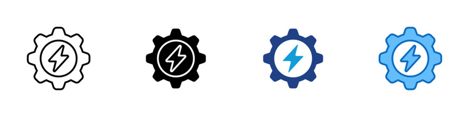 Power Gear Multiple Style Icon Vector Design - Gear with central lightning bolt, representing powered settings, performance optimization, or energy systems
