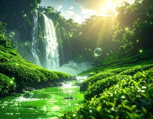 Fototapeta premium Enchanted Green River and Waterfall