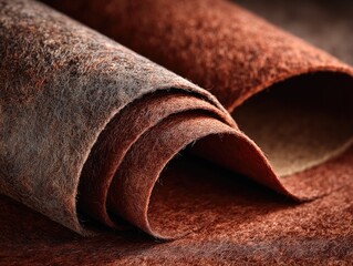 Close-up of rolled leather sheets in various shades of brown