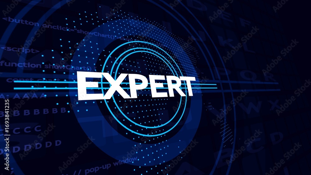 Aufkleber white word expert in bold letters on a dark blue digital background with glowing blue concentric cir