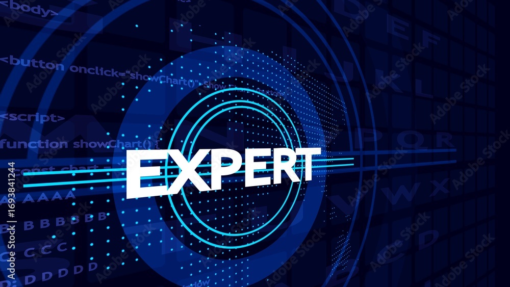Aufkleber white word expert in bold letters on a dark blue digital background with glowing circles and code sn