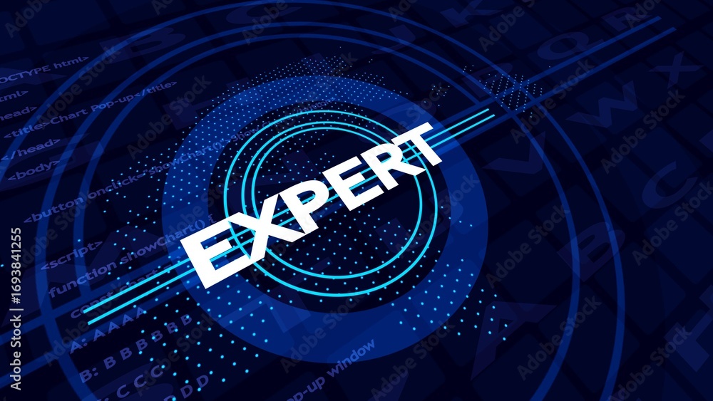 Fototapete white word expert centered in blue digital h u d with code snippets and letters expert text