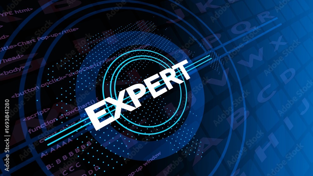 Aufkleber white word expert on blue digital background with code snippets and letters expert text