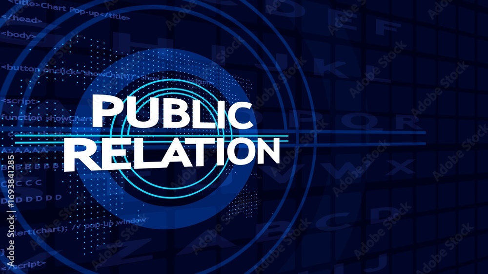Aufkleber public relations text with digital code and alphabet background communication media