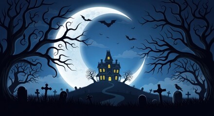 Spooky haunted mansion on a hill under a large crescent moon with bats and a graveyard