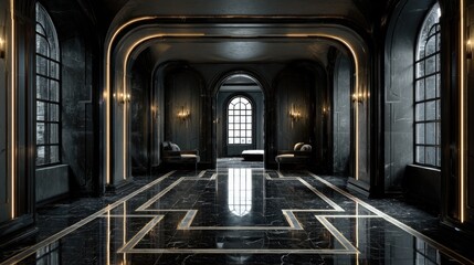 Dark, opulent hallway with arched windows and gold accents