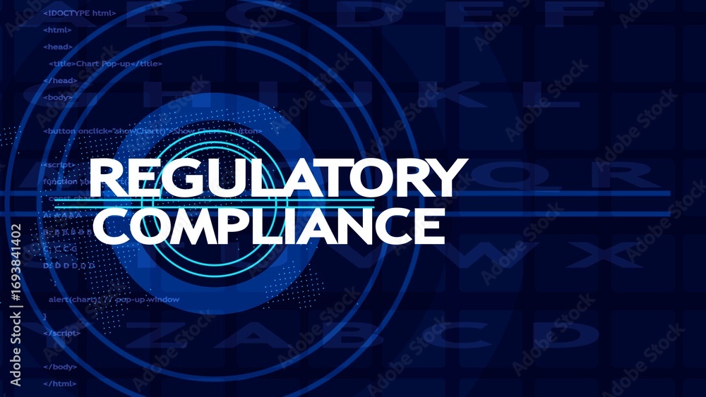 Fototapete white text regulatory compliance on a dark blue digital background with concentric circles and code 