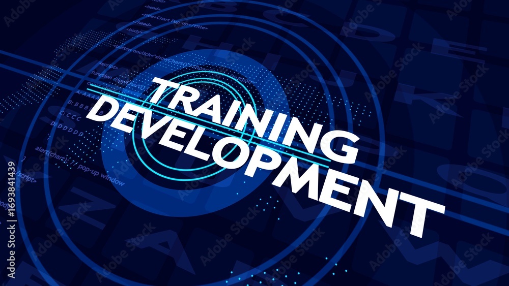 Aufkleber white text training development on dark blue digital background with code and circles technology lea