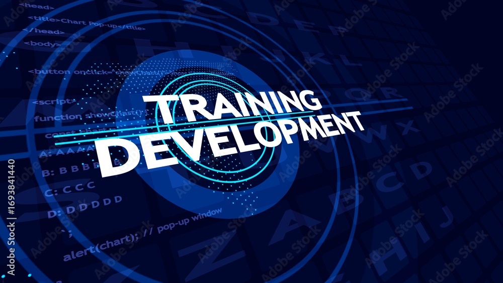 Poster white text training development on blue digital background with code and circles education learning