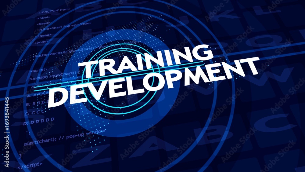 Poster white text training development on a dark blue digital background with code and circles words techno