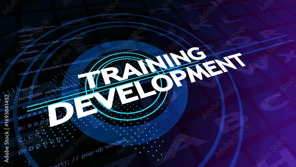 Fototapete white text training development on a dark blue and purple digital background with code snippets and 