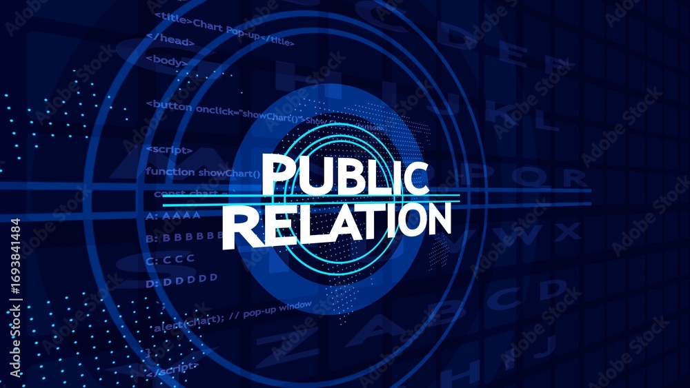 Aufkleber public relations text with digital code and concentric circles on dark blue background communication