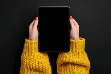 Hands holding tablet, yellow sweater, black background