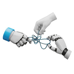 Robotic hands untangling blue wires, representing problem-solving, AI, and innovative solutions