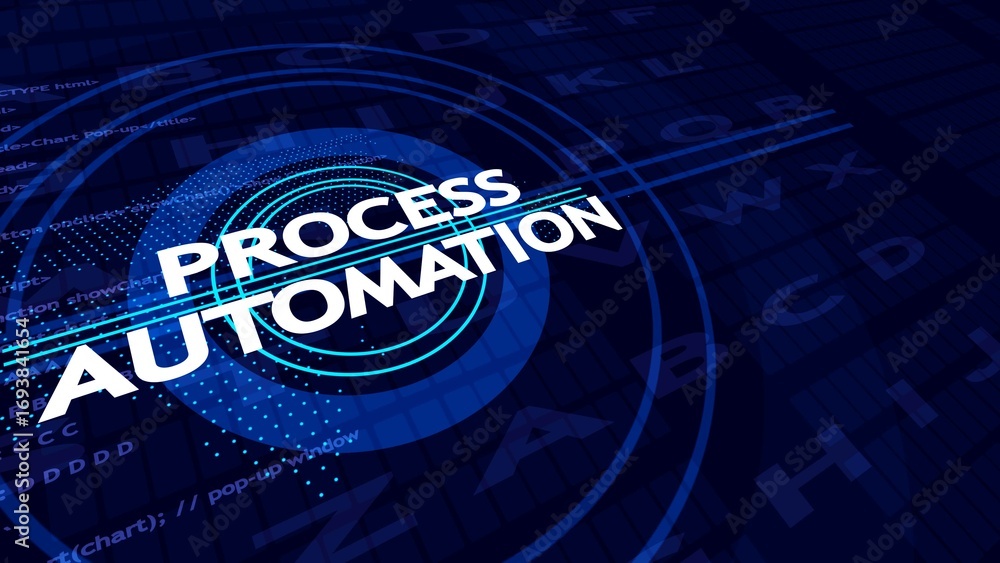 Aufkleber white text process automation on a dark blue digital background with glowing circles and code techno