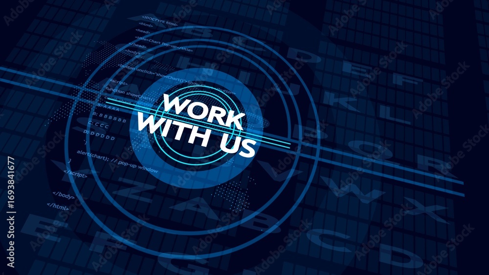 Aufkleber blue digital interface with white text work with us and code technology network