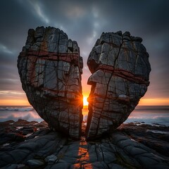 Obraz premium Dramatic sunset illuminates a massive, heart-shaped rock formation, fractured in two, on a rugged coastline.